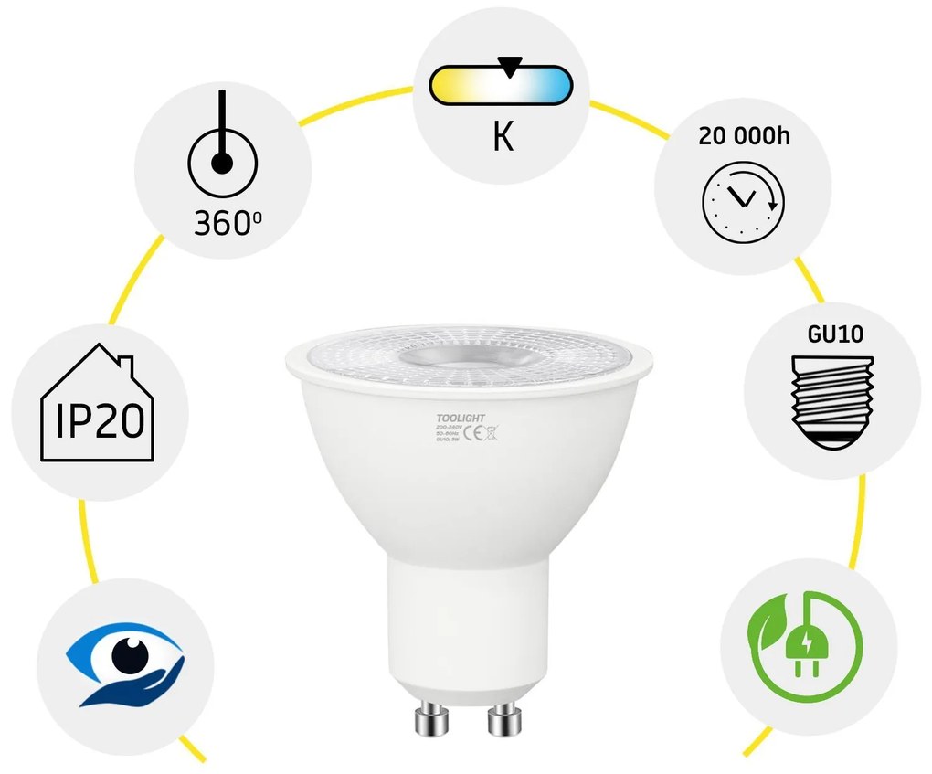 Toolight Toolight, LED žiarovka GU10, 5W, 400lm, 4000K, neutrálna farba, RSL041, OSW-20024