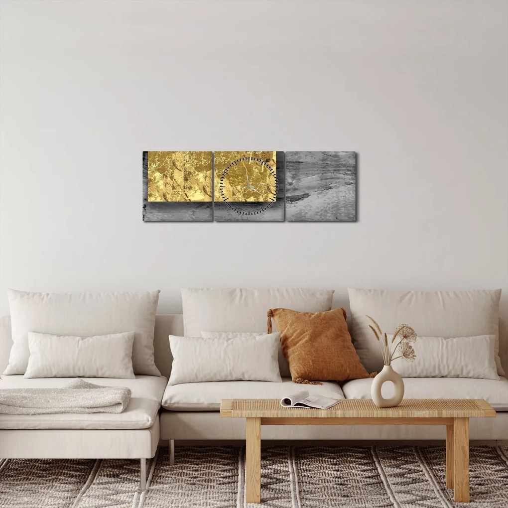 Obraz - Zlaté štvorce N⁰2 (s hodinami) (90x30 cm)