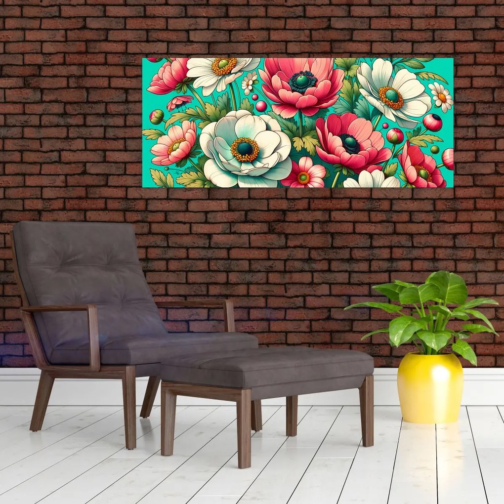 Obraz - Kvety na modrom pozadí (120x50 cm)