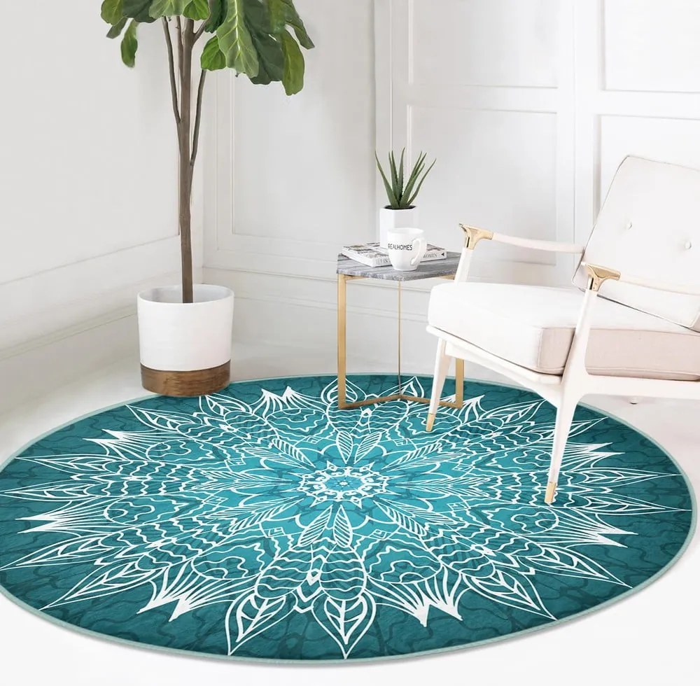 Tyrkysovomodrý prateľný okrúhly koberec vhodný pre robotické vysávače ø 120 cm Comfort – Mila Home