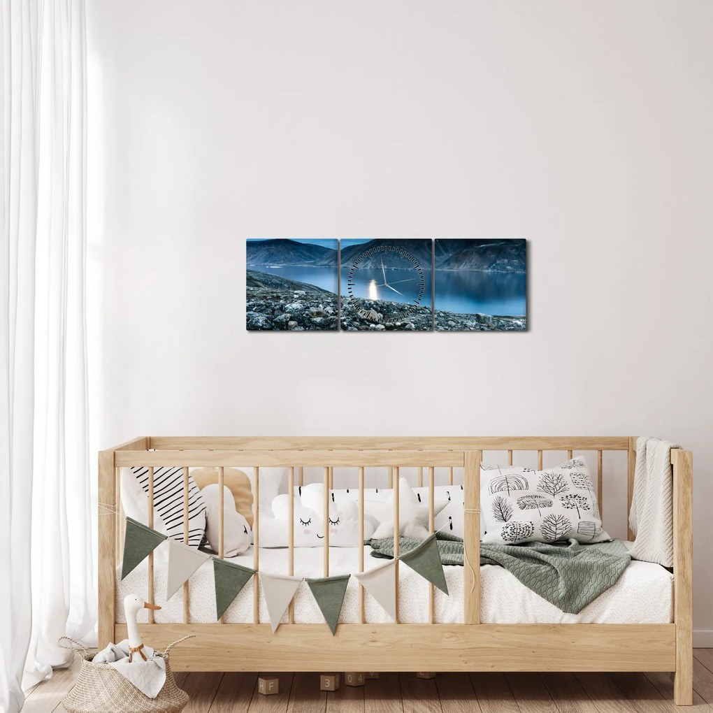 Obraz nočné krajiny, Island (s hodinami) (90x30 cm)