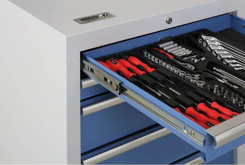 Zásuvkový dielenský box k pracovnej doske G2, 4 zásuvky, 680 x 455 x 910 mm, modrá