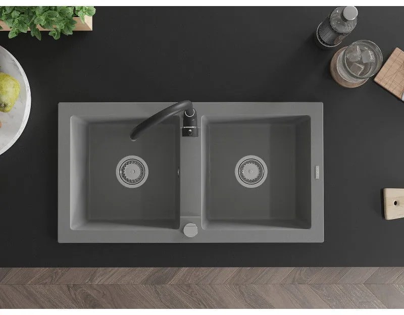 Mexen Mario, 2-komorový granitový drez 820x436x161 mm a čierna drezová batéria Telma, šedá, 6504-71-670200-70