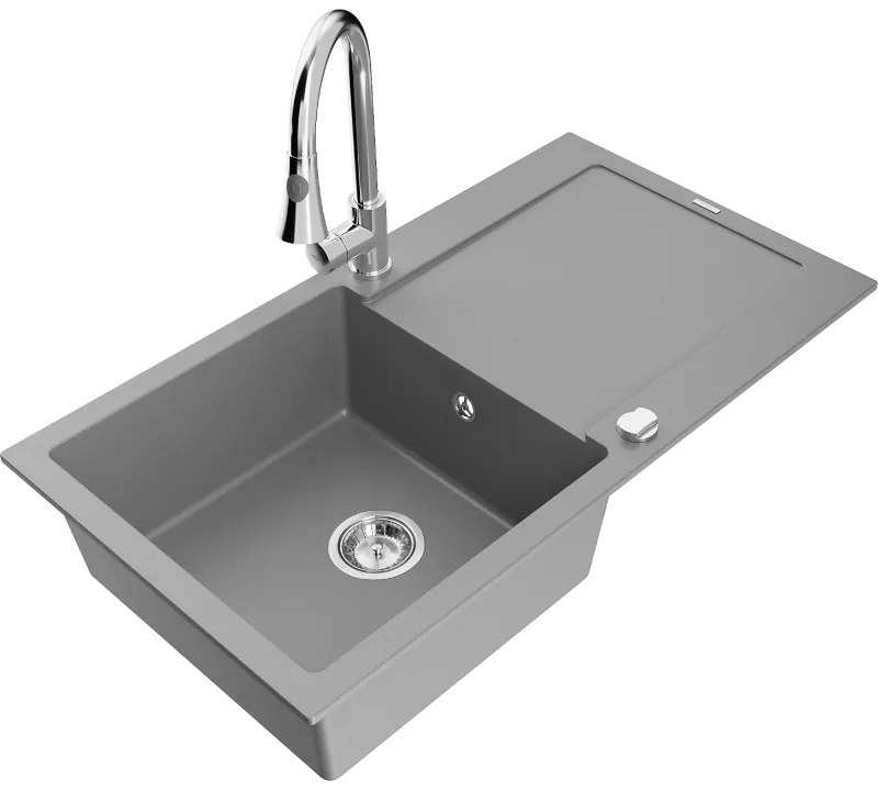 Mexen Leo, 1-komorový granitový drez 900x500x190 mm a drezová batéria Elia, šedá, 6501-71-670101-00