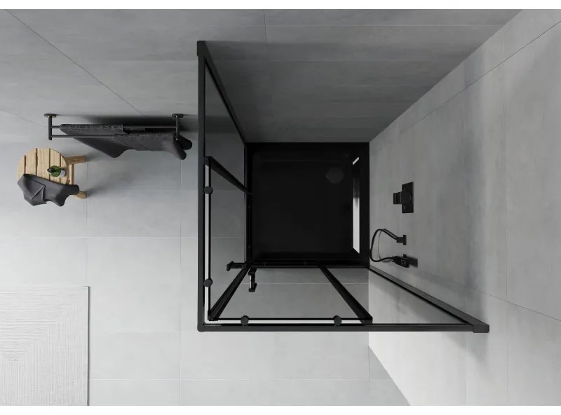 Mexen Rio, štvorcový sprchovací kút s posuvnými dverami 90(dvere) x 90(dvere) x 190 cm, 6mm šedé sklo, čierny profil + čierna sprchová vanička SLIM, 860-090-090-70-40-4070B