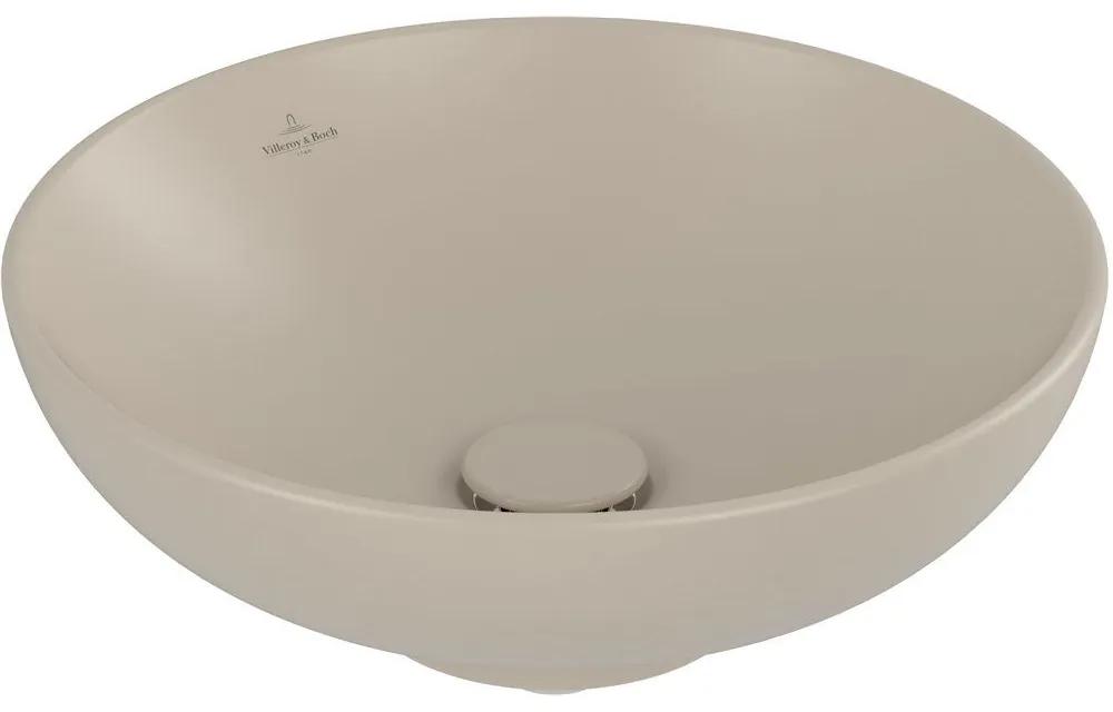 VILLEROY &amp; BOCH Loop &amp; Friends okrúhle umývadlo na dosku bez otvoru, bez prepadu, priemer 420 mm, Almond, s povrchom CeramicPlus, 4A4601AM