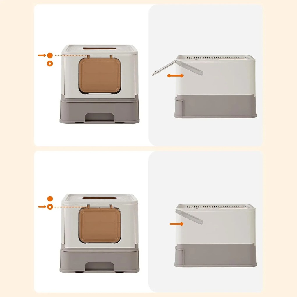 Toaleta pre mačky s vekom a výsuvným podnosom, krytá podstielka, sivá