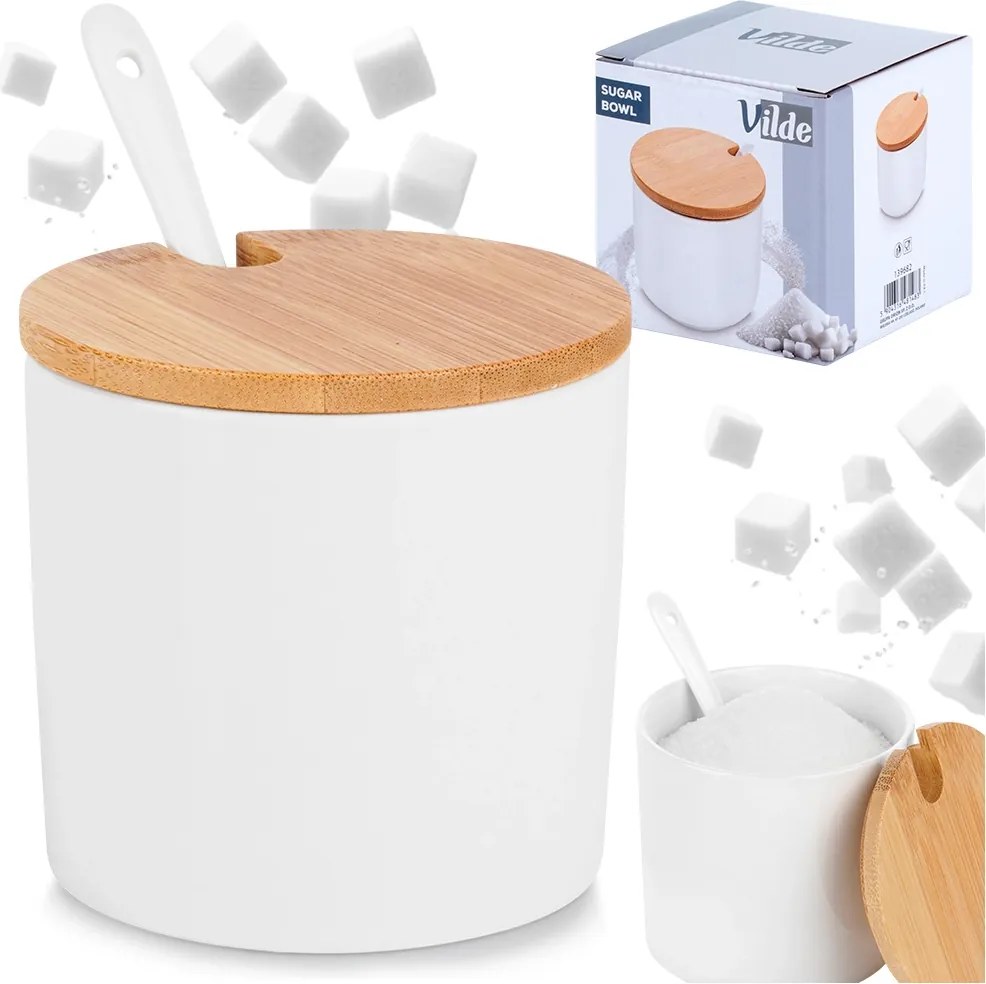 VILDE Guľatá keramická cukornička s bambusovým viečkom a lyžičkou, 250ML biela
