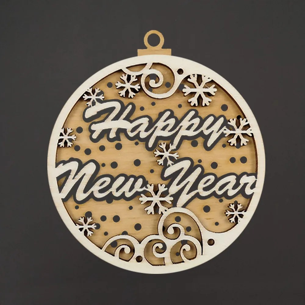 AMADEA Drevená ozdoba okrúhla Happy New Year dvojitá, 9 cm, český výrobok