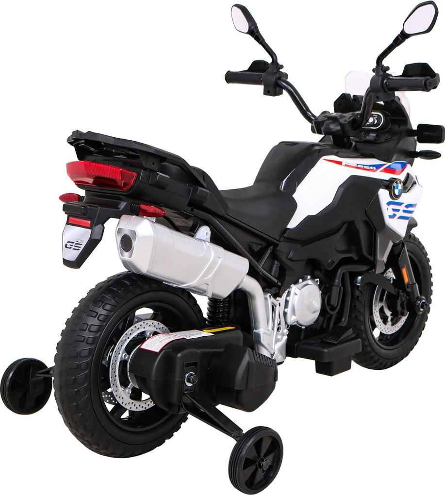 Ramiz Detský motocykel na batérie BMW F850 GS biely + pomocné kolieska + audio LED + pomalý štart + EVA