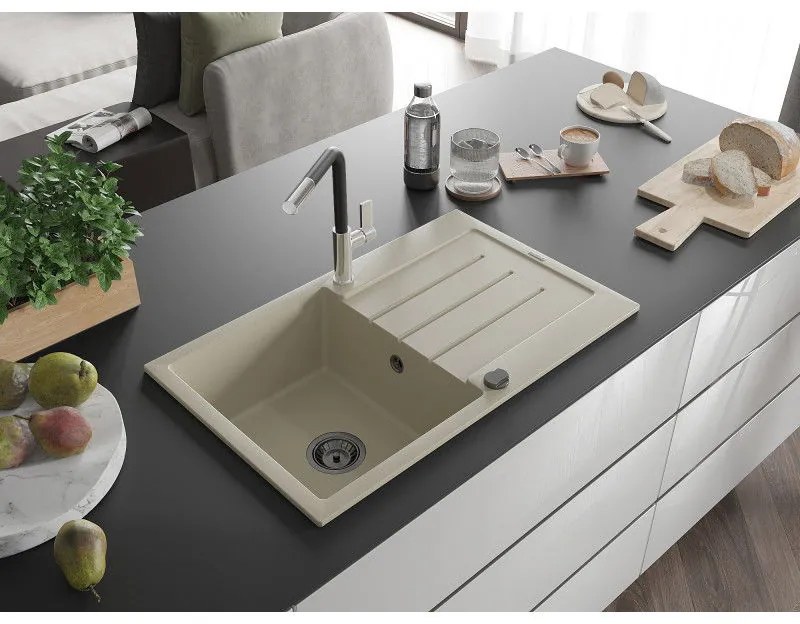 Mexen Bruno, 1-komorový granitový drez 795x495x200 mm a drezová batéria Flora, béžová, 6513-69-670401-07-B