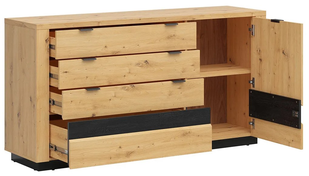 Komoda BRW Ostia KOM1D4S (dub artisan + dub čierny) (s LED osvetlením). Akcia -35%. Vlastná spoľahlivá doprava až k Vám domov. 1025968