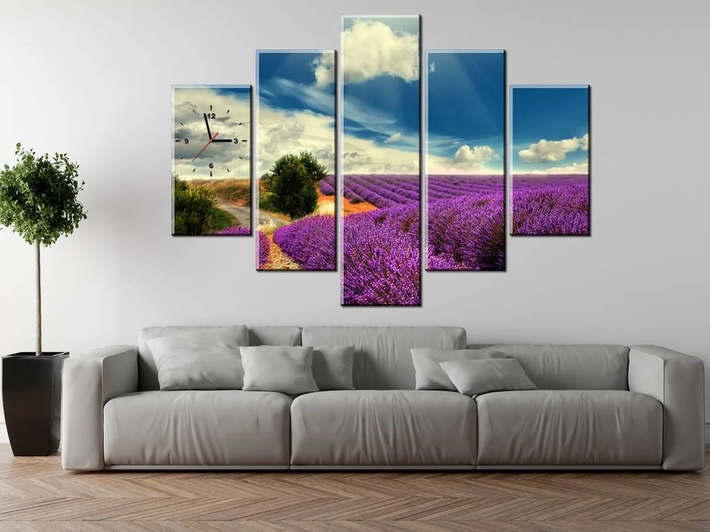 Gario Obraz s hodinami Čarovná levanduľová krajina - 5 dielny Rozmery: 150 x 70 cm