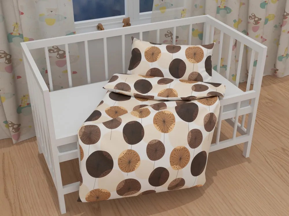 Biante Detské bavlnené posteľné obliečky do postieľky Sandra SA-488 Hnedo-béžové designové púpavy Do postieľky 90x130 a 40x60 cm