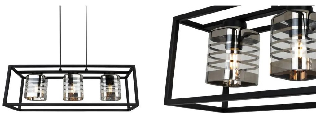 Závesné svietidlo HELIX CAGE, 3x sklenené tienidlo so vzorom v kovovom ráme