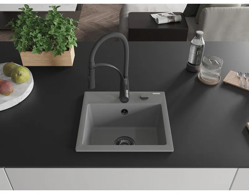 Mexen Milo, 1-komorový granitový drez 435x410x171 mm a drezová batéria Aster, šedá, 6505-71-73450-70-B