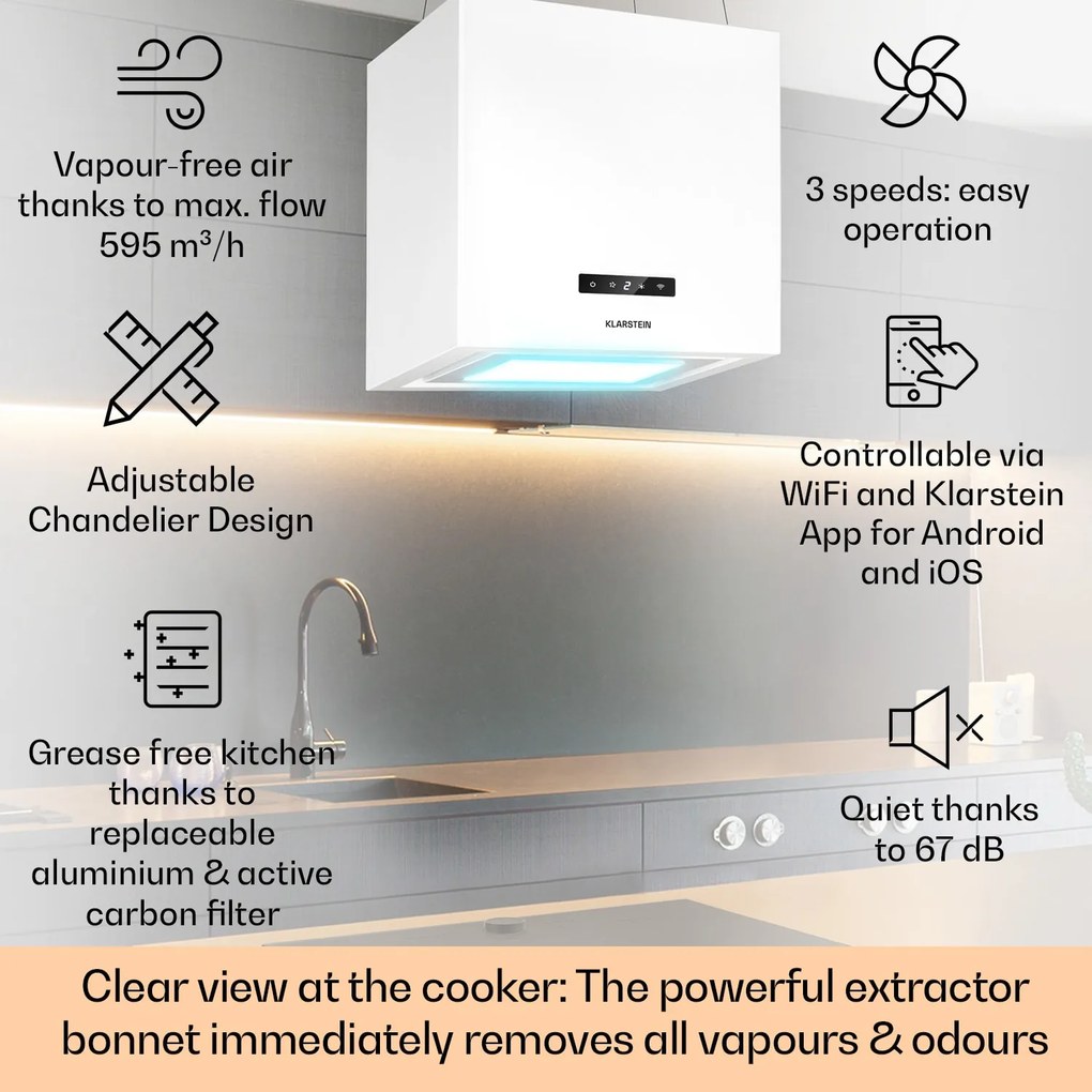 Kronleuchter Smart, digestor, 40 cm, ostrovčekový, 595 m³/h, ovládánie cez aplikáciu, LED panel, biely