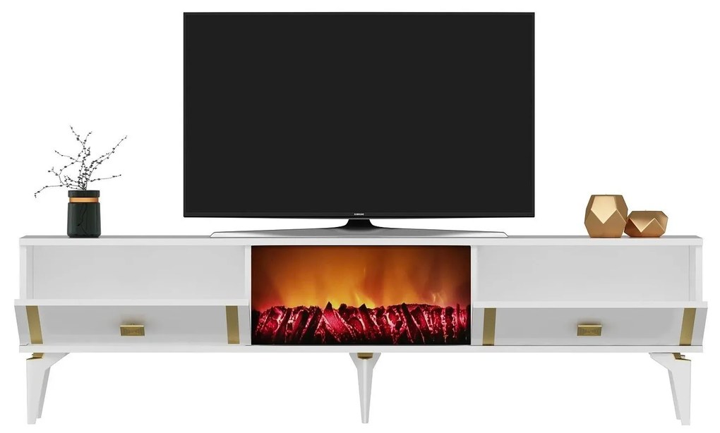 TV stolík/skrinka s krbom Tobuvu 2 (biela + zlatá) . Akcia -18%. Vlastná spoľahlivá doprava až k Vám domov. 1095521