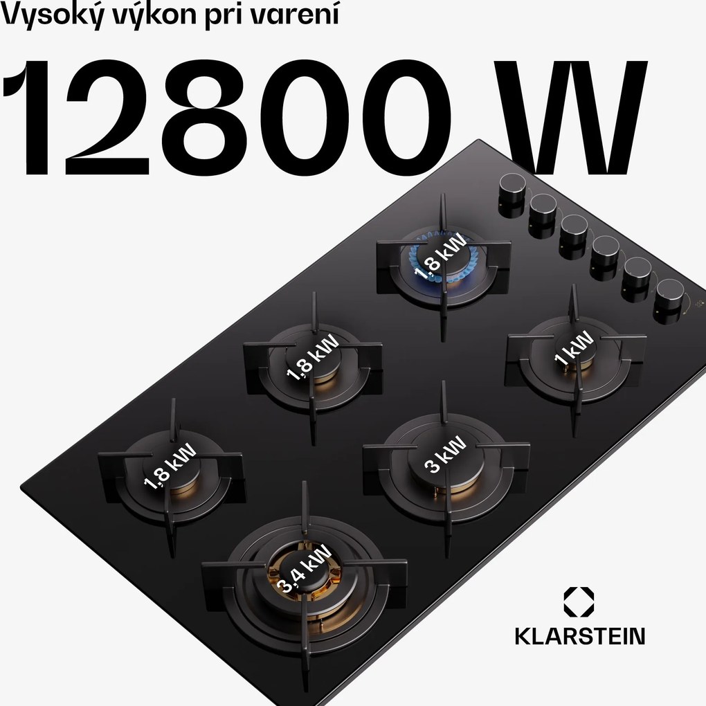 Klarstein Goldflame 6, plynová varná doska, sebestačná, 6 horákov, bočné ovládanie, plyn/propán, sklokeramika, čierna