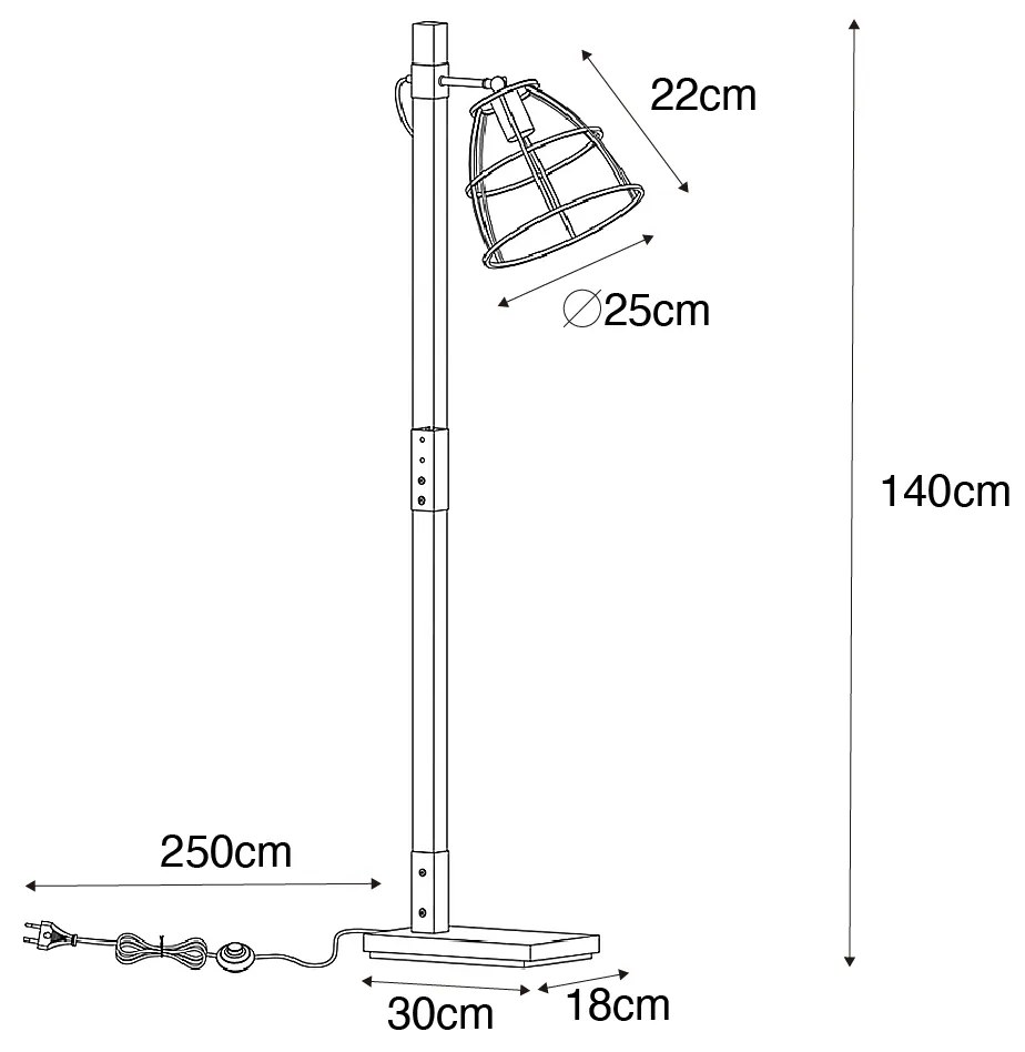 Priemyselná stojaca lampa tmavosivá s drevenými prvkami - Arthur