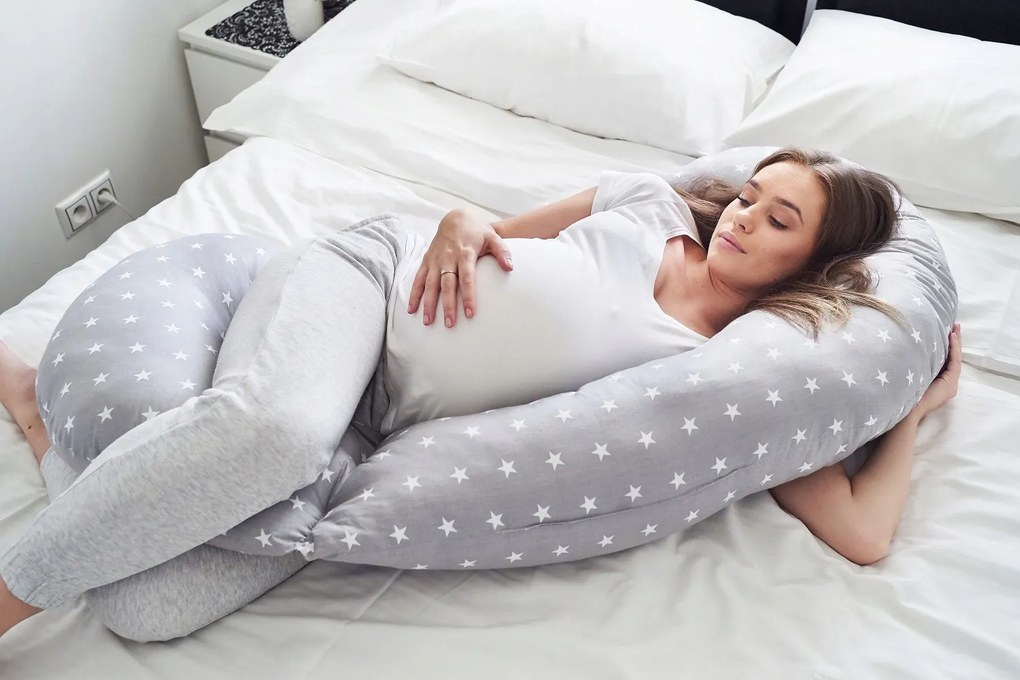 Tehotenský a dojčiaci vankúš BABYMAM PREMIUM 300 cm 3v1 - Biele hviezdičky so šedou