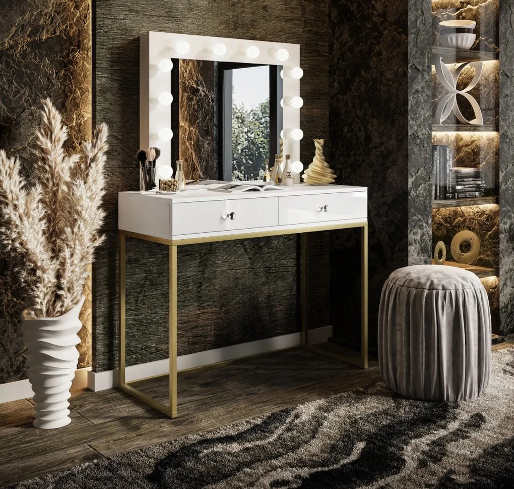 TOALETNÝ STOLÍK EDWARD BIELY VYSOKÝ LESK + ZLATÝ PODSTAVEC + KRYŠTÁL