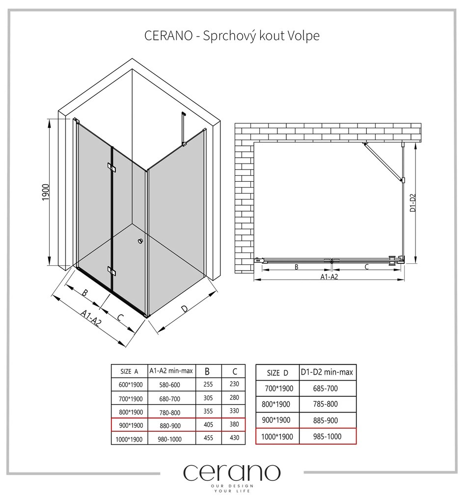Cerano Volpe, sprchovací kút so skladacími dverami 90(dvere) x 100(stena), 6mm číre sklo, chrómový profil, CER-CER-427210