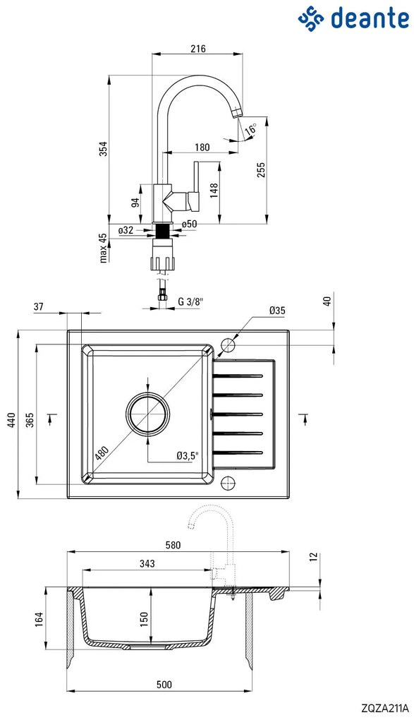 Deante Zorba, granitový drez 580x440x164 mm Z/KO, 3,5" + priestorovo úsporný sifón, 1-komorový + Nemezja batéria, piesková, ZQZA711A