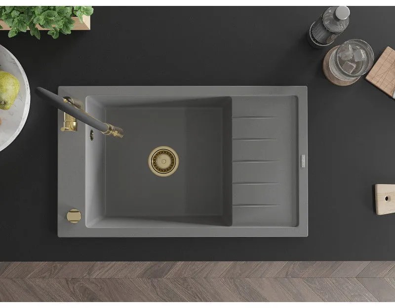 Mexen Elias, 1-komorový granitový drez 795x480x200 mm a drezová batéria Aster, šedá, 6511-71-73450-57-G