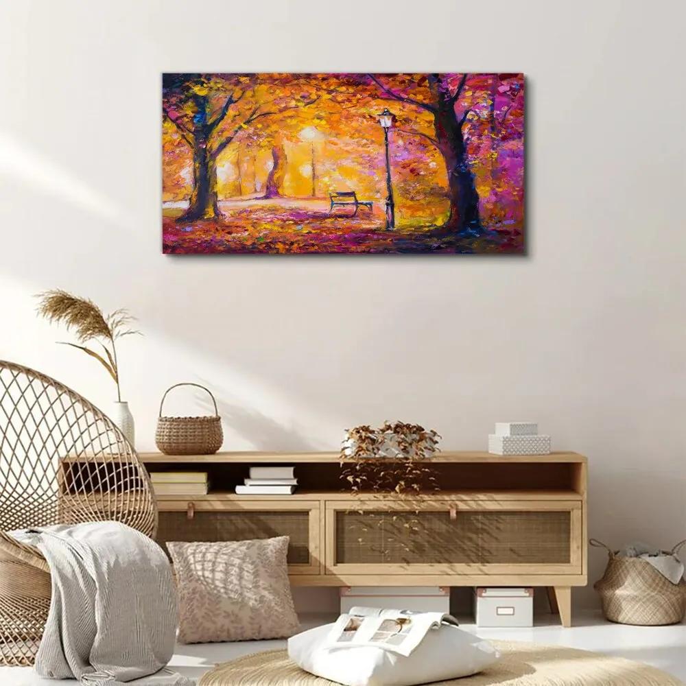 Obraz canvas Lesný park Stromy lampa lavica
