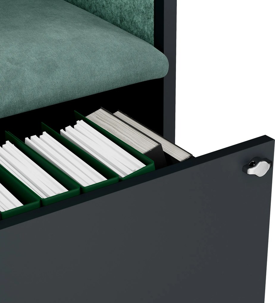 Kancelárska akustická kabína so sedadlom a portom USB-C, telo v antracitovej farbe / sedadlo v zelenej farbe, 600 mm: SALLY MentalBox