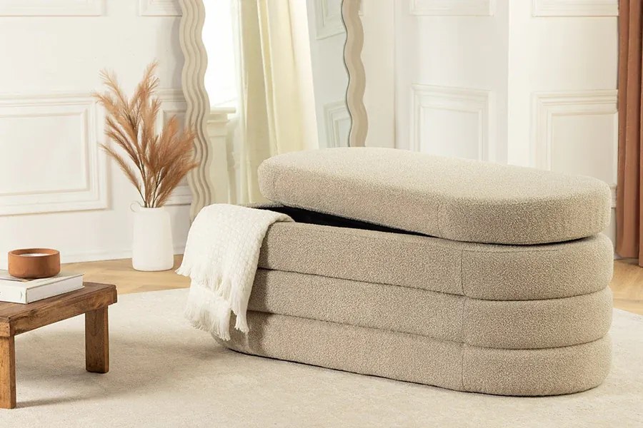 Dizajnová lavica s úložným priestorom TAUPE BOUCLÉ 115 cm – elegantný štýl a komfort
