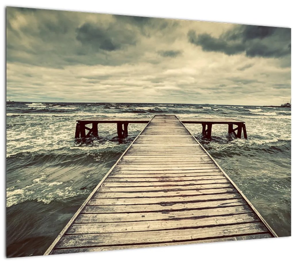 Sklenený obraz dreveného móla na mori (70x50 cm)