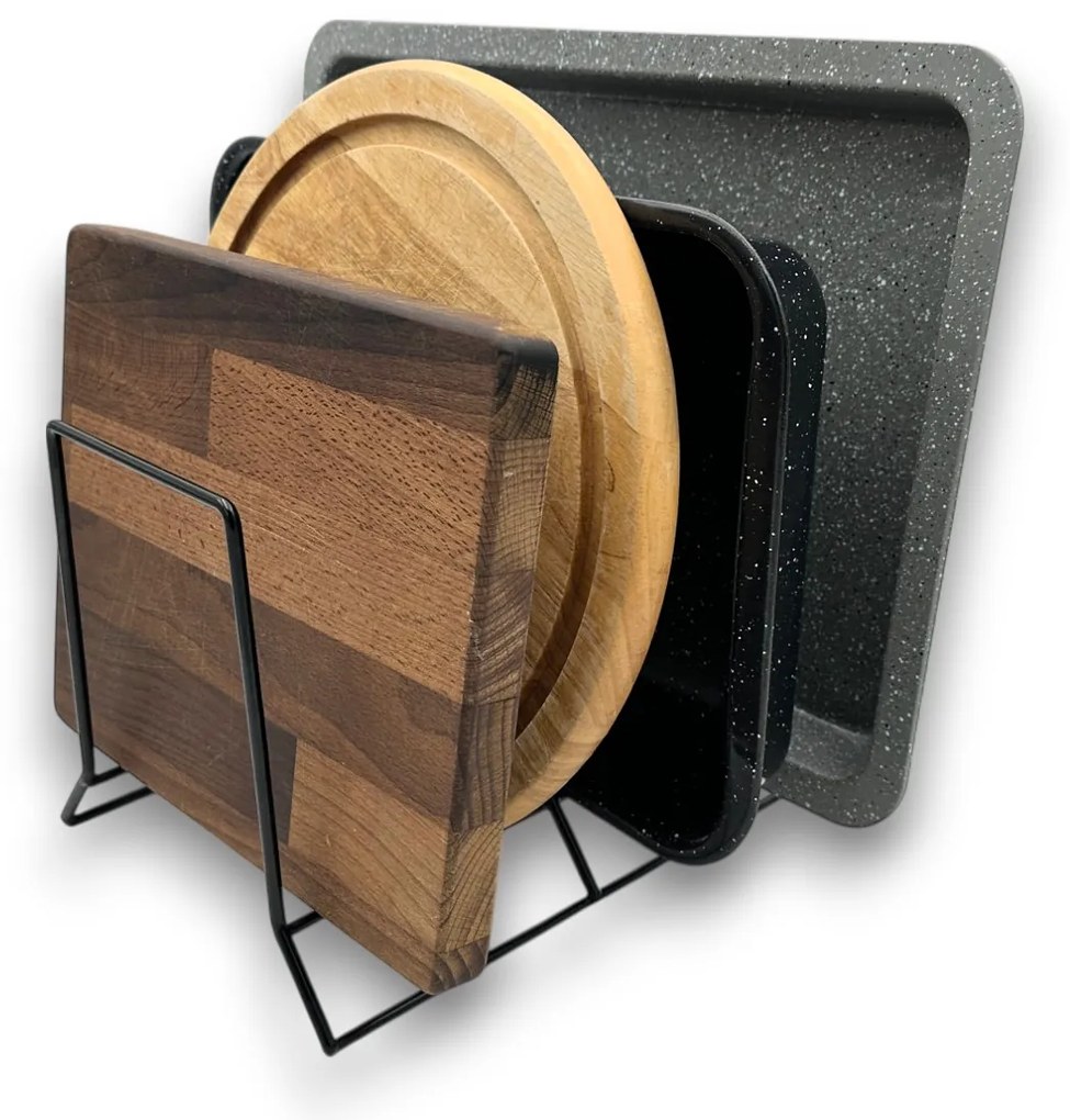 CONFORTIME Držiak, stojan na pokrievky, panvice, dosky, plechy – 4 pozície, čierny