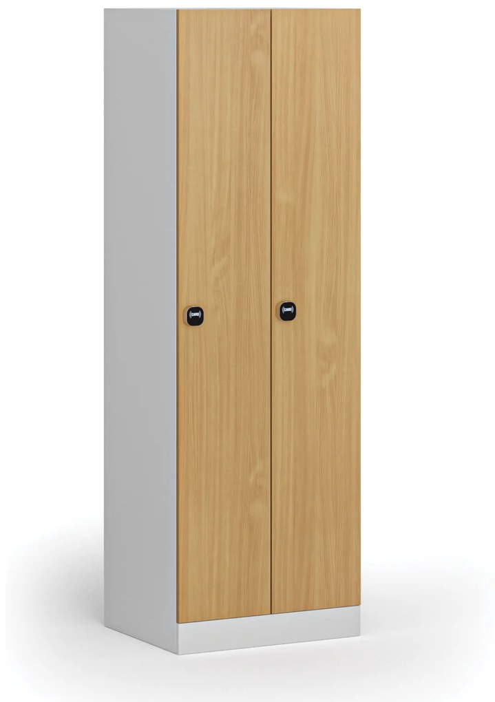 Kovová šatníková skrinka, 2-dverová, 1850 x 600 x 500 mm, zámok s čítačkou RFID kariet, laminované dvere, buk