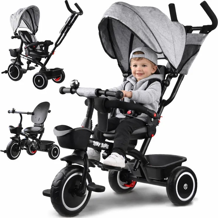 Detská trojkolka Tiny Bike 3 v 1 so strieškou, otočná SP0650 sivá