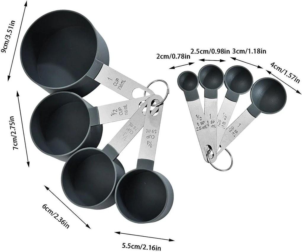 ALTOM Kuchynské odmerky do dóz, súprava 8ks s kovovým úchytom, sivé