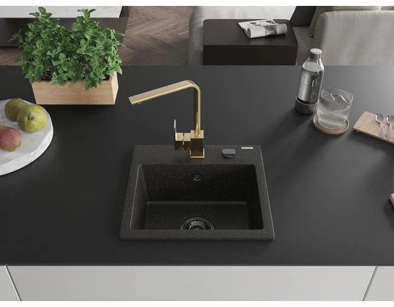 Mexen Milo, 1-komorový granitový drez 435x410x171 mm a zlatá batéria Rita, čierna-zlatá metalíza, 6505-75-670300-50-B