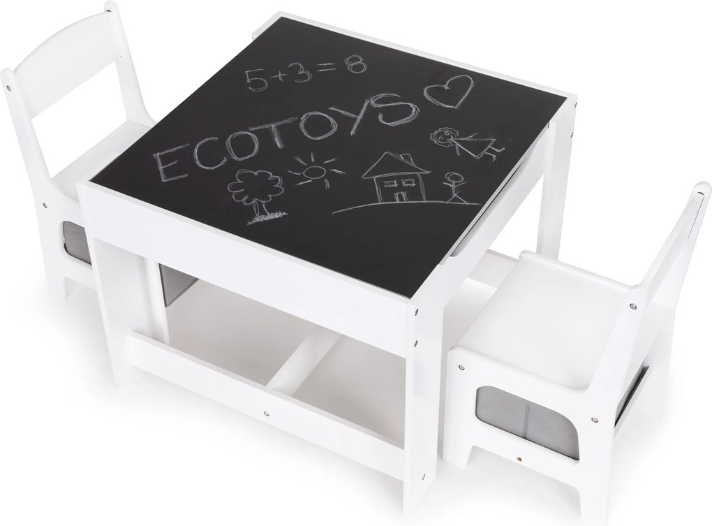 Detský set: stolík s obojstrannou tabuľou + 2 stoličky ECOTOYS (MDF, úložný priestor)
