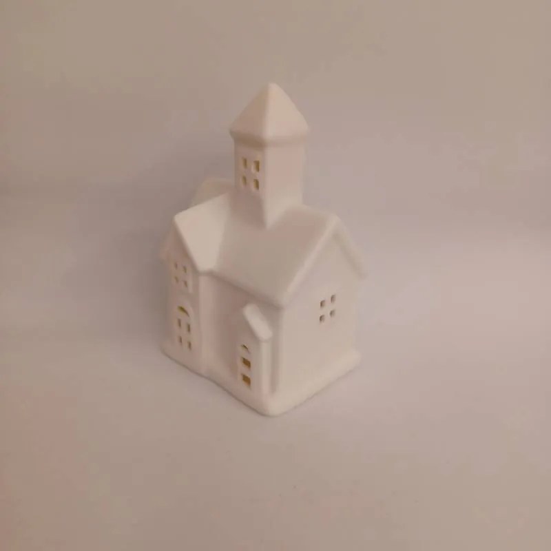 DECOLED Keramický kostelíček, 7,5 x 6 x 12 cm, teple bílá