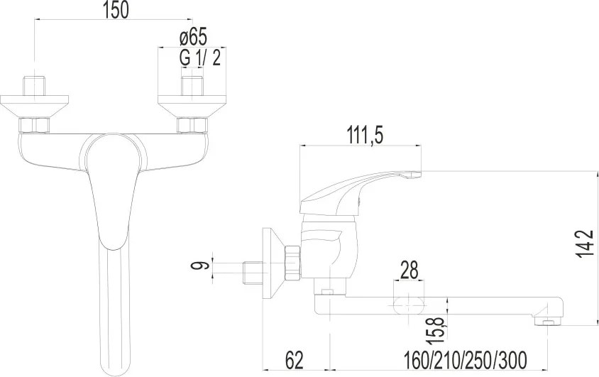 Mereo Sonáta, drezová nástenná batéria, 150 mm, s ramienkom plochým rovným 300 mm, chróm, MER-CB30206N