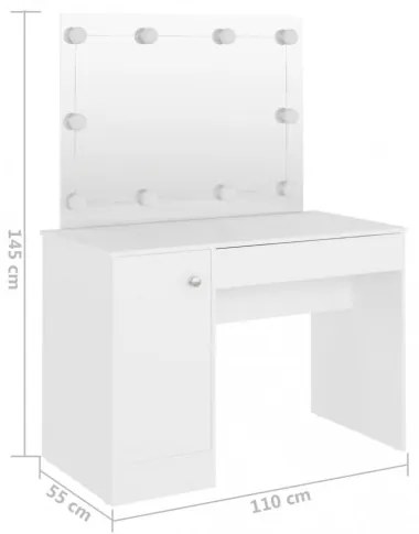 vidaXL Toaletný stolík s LED svetlami 110x55x145 cm MDF biely-