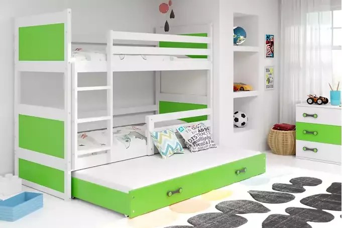 3-lôžková poschodová posteľ RICO so zásuvkou, biela/zelená