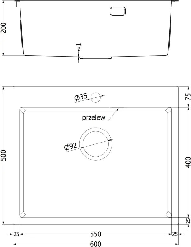 Mexen Solix oceľový drez 1-komorový 600 x 500 mm, inox - 6408601000-01