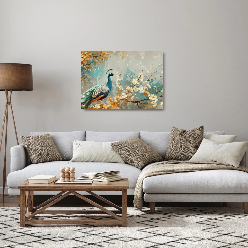 Sklenený obraz - Páv so zlatým dekorom (70x50 cm)