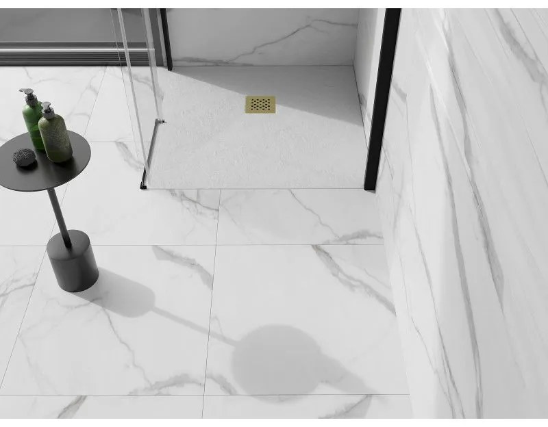 Mexen Stone+, štvorcová vanička z minerálneho kompozitu 100 x 100 cm, biela, zlatá lesklá krytka, 44101010-G