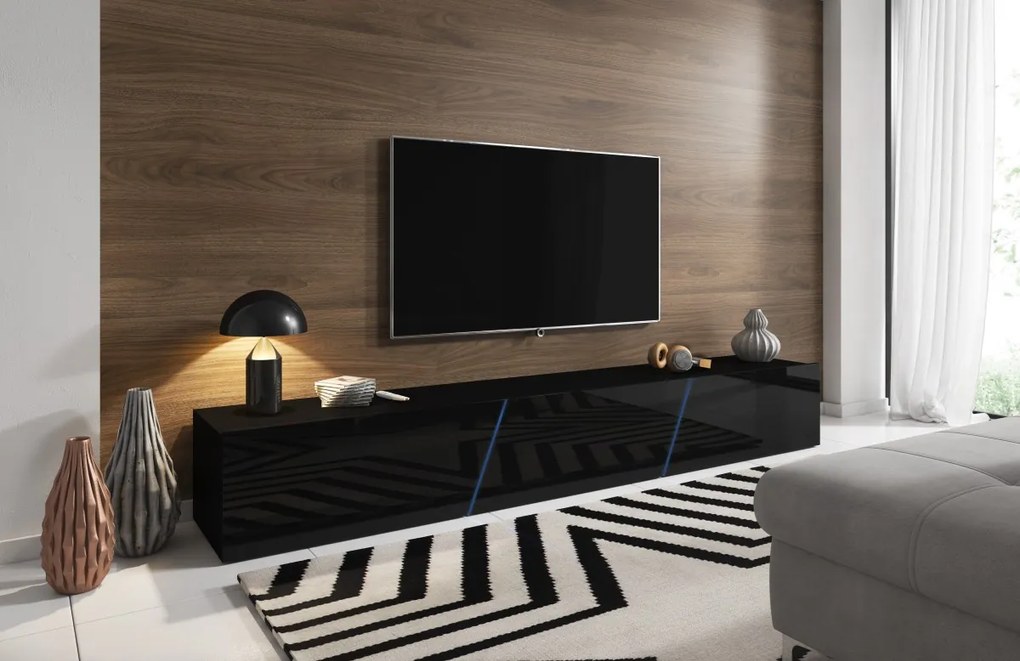 TV stolík Slant s LED osvetlením 240 cm čierny mat/čierny lesk