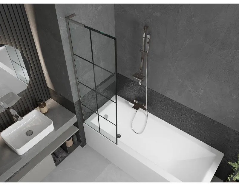 Mexen Next L, 1-krídlová vaňová zástena 60 x 150 cm, 6mm číre sklo-čierny vzor, chrómový profil, 895-060-000-03-77-01