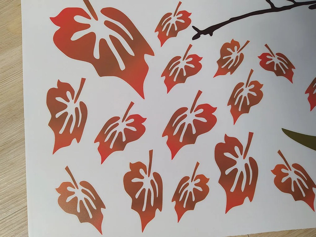 Vetva s vtáčikmi textilní prelepiteľná nálepka na stenu list 45 x 33 cm
