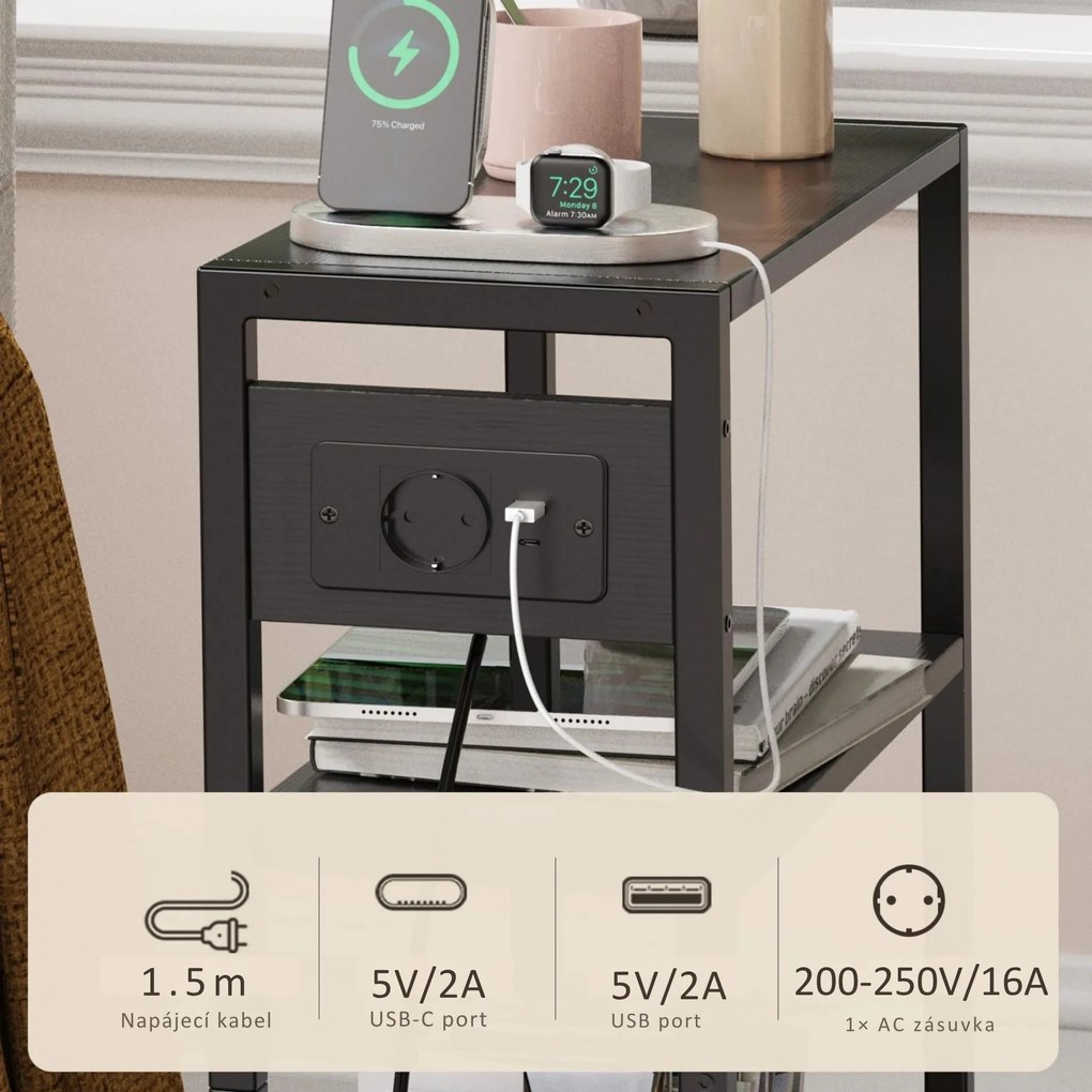 Odkládací stolek s nabíjecí stanicí a USB Houseland Qler černý